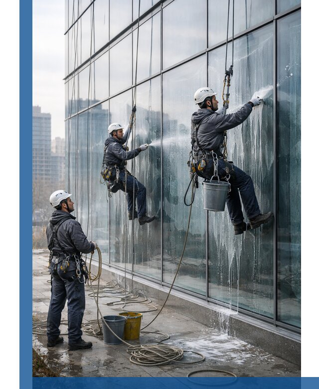 Промышленная мойка панорамных окон на высоте в Калуге