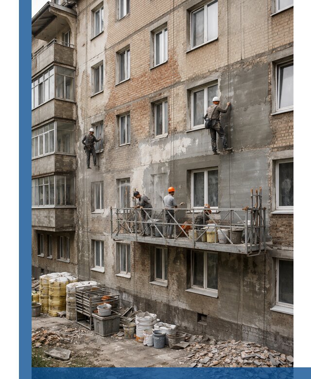 Капитальный ремонт фасада в Калуге с восстановлением и гидроизоляцией