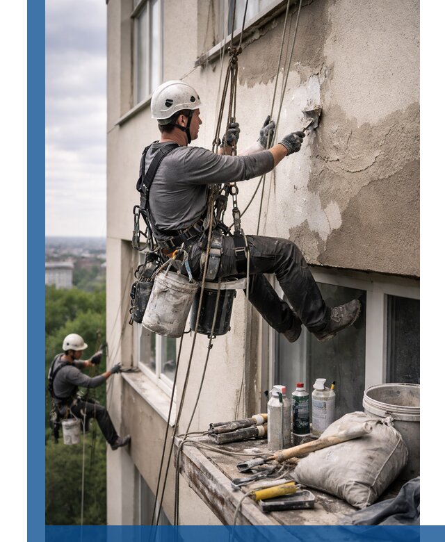 Косметический ремонт фасада зданий в Калуге промышленными альпинистами