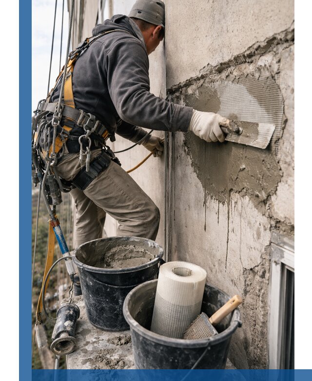 Ремонт бетонных элементов фасада промышленными альпинистами в Калуге