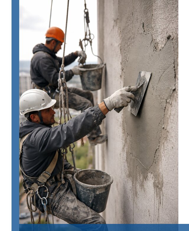 Штукатурка фасада на высоте в Калуге профессиональные работы