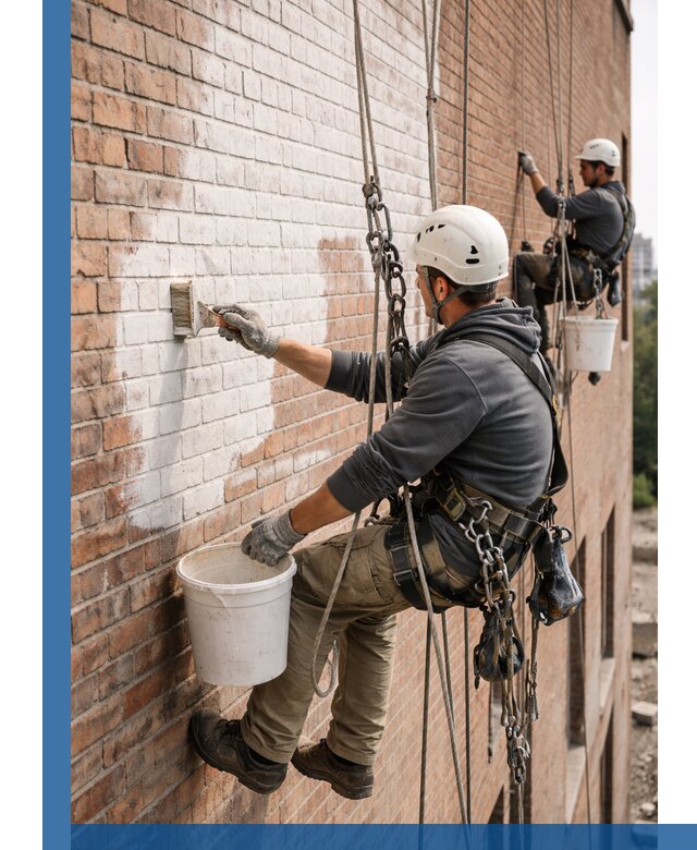 Покраска кирпичного фасада с доступным альпинистским сервисом в Калуге