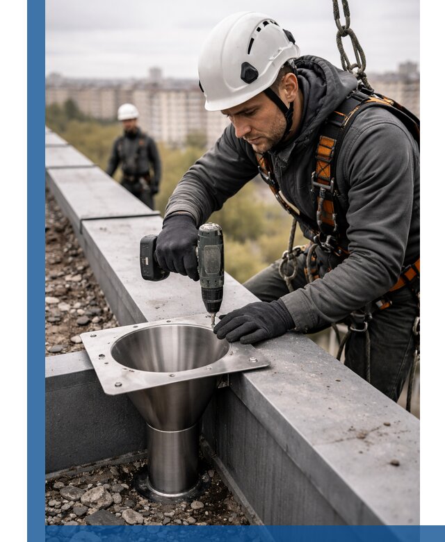 Монтаж водосточных воронок в Калуге для промышленных зданий