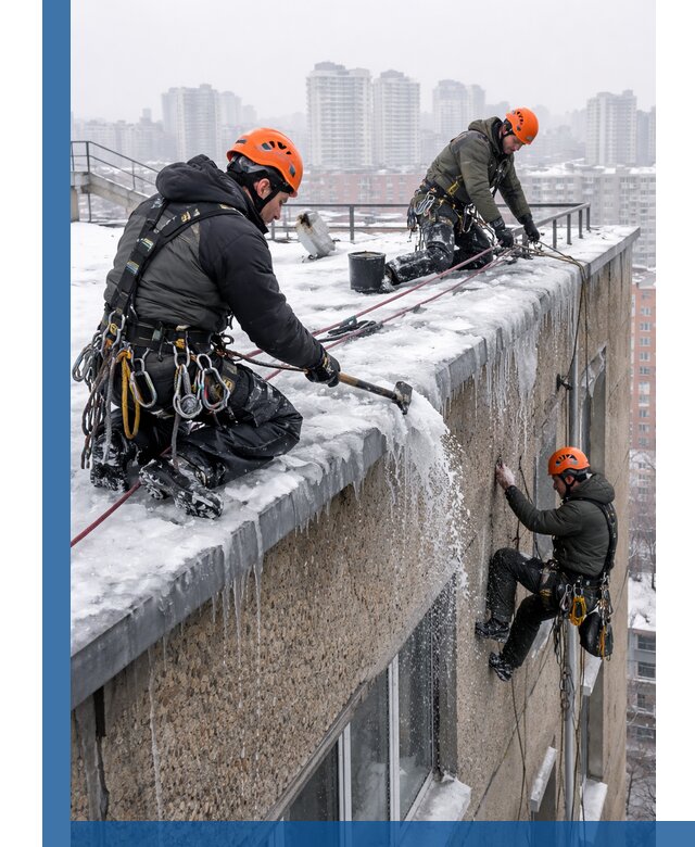 Удаление наледи с кровли в Калуге промышленными альпинистами