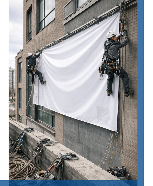 Монтаж баннеров на фасаде в Калуге от 657 р. заказать ВЫСОТНИК-Клг