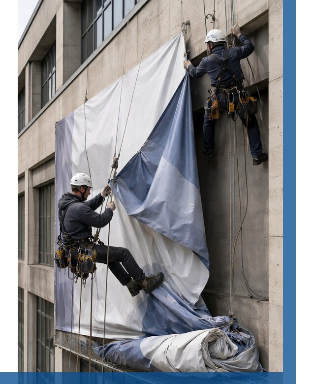 Демонтаж баннеров с фасада в Калуге от 4551 р. | ВЫСОТНИК-Клг