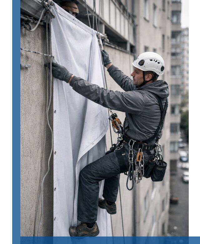Замена баннерного полотна промышленными альпинистами в Калуге