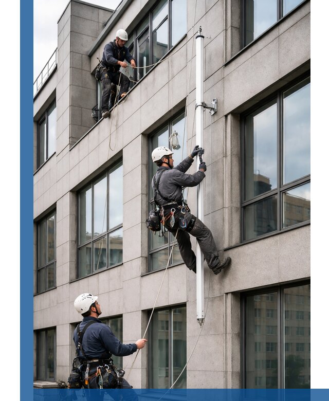 Монтаж флагштока на фасаде здания с креплением и герметикой в Калуге