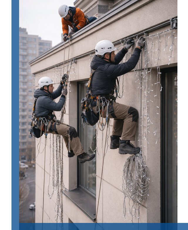 Монтаж праздничных гирлянд на фасаде в Калуге для зданий