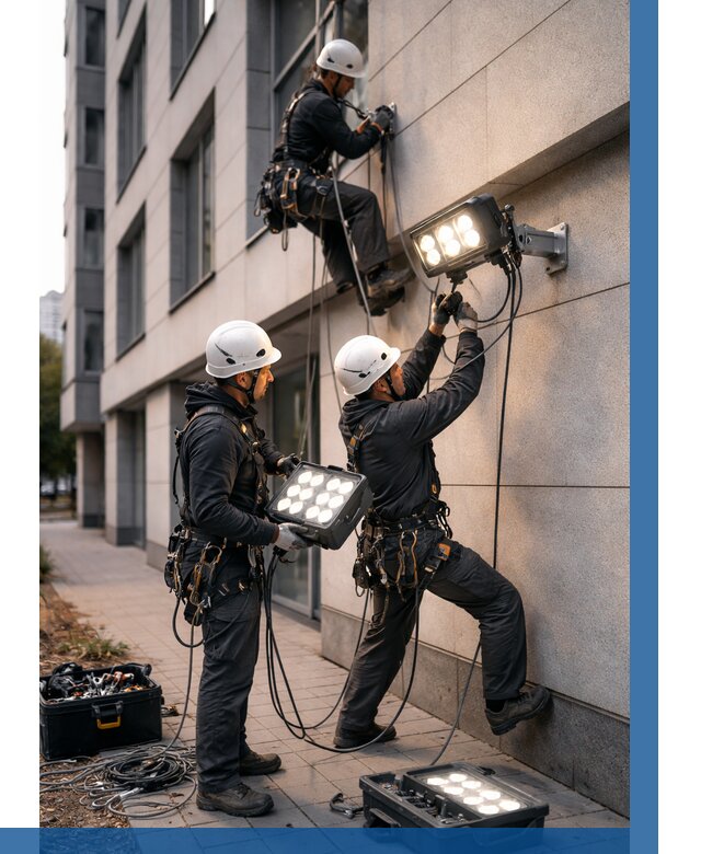 Монтаж прожекторов на фасаде в Калуге от 7586 р. | ВЫСОТНИК-Клг