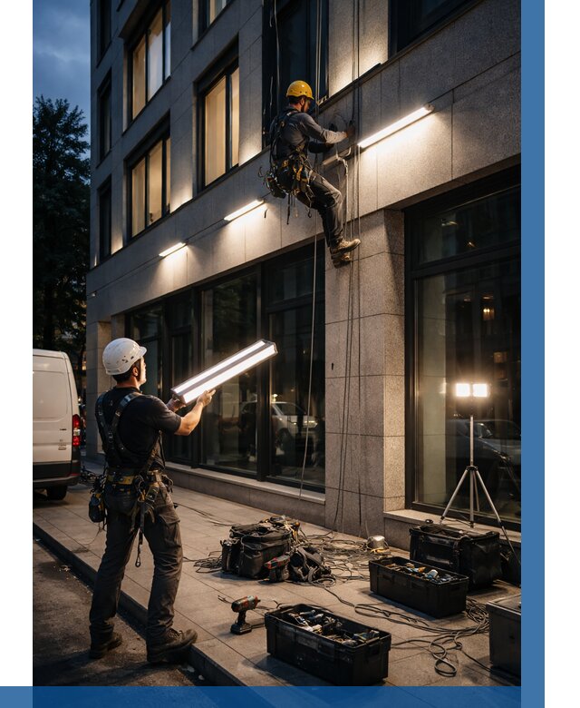 Монтаж архитектурной подсветки здания в Калуге от 2529 р.|ВЫСОТНИК-Клг