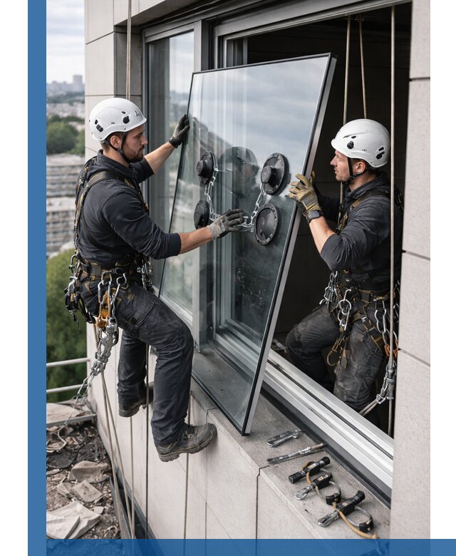 Замена стеклопакетов на высоте с промышленными альпинистами в Калуге