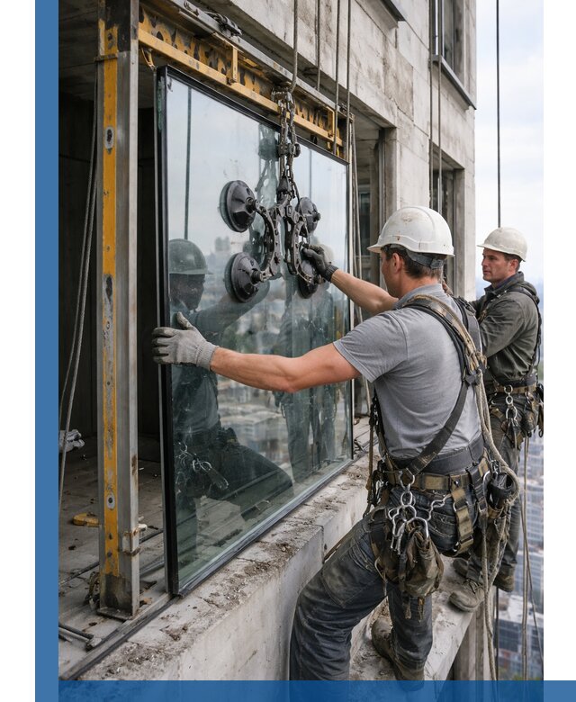 Монтаж стеклопакетов на высоте в Калуге с промышленным альпинизмом