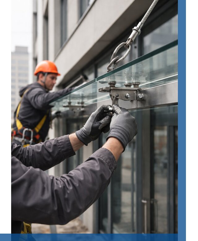 Монтаж стеклянных козырьков в Калуге от 8597 р. | ВЫСОТНИК-Клг