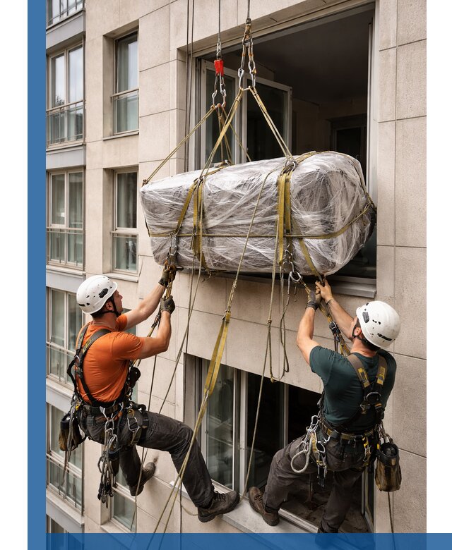 Подъем грузов через окно в Калуге промышленными альпинистами