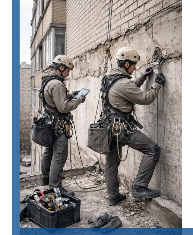 Обследование фасада промышленными альпинистами в Калуге